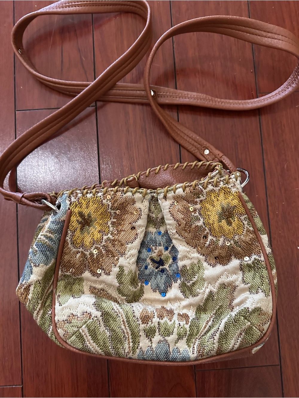Liz Claiborne Floral Tapestry Crossbody in Brown, Yellow, Blue & Green